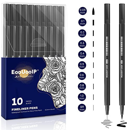 Fineliner Stifte Set, EooUooIP® 10 Stück Fineliner Schwarz Handlettering Stifte Kalligraphie Stifte, Pigment Liner Set (0.05mm-0.8mm und 1 Filzstiften) für Zeichnen und Schreiben von Skizzen, Comics