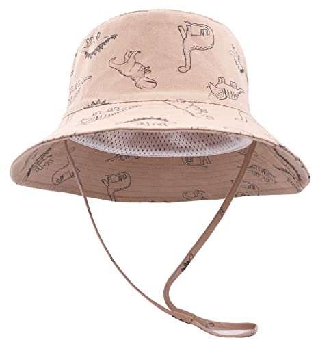 SEYUFN Bob Sonnenhut Baby-Fischerhut mit breiter Krempe Sonnenhut mädchen Verstellbarer Baumwollhut UV-Schutz Sommerhut für Kinder(Khaki Dinosaurier,1-2 Jahre)