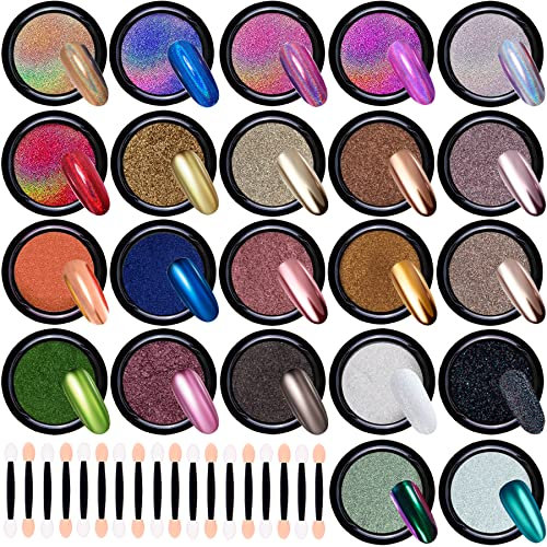 Duufin 22 Farben Nägel Chrome Pulver Set Chrome Glitzerpuder Holographisch Nagelpulver Chamäleon Pulver Aurora Chrom Nagel Pulver Glänzendes Bonbonpulver mit 22 Stück Lidschattenstiften für Nailart