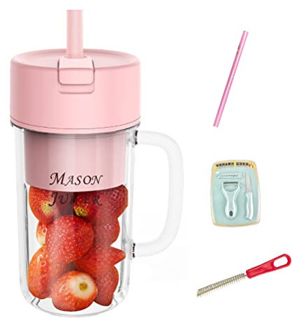 Standmixer Elektrischer Mini 500ml, Tragbarer Mixer Smoothie maker to go, USB wiederaufladbar, 6 Klingen, Personal Size Blender für Reisen Büro Sport, Enthält Strohhalm, Reinigungsbürste, Schäler,Rosa