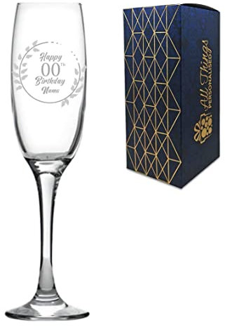 Personalised Engraved Champagne Flute Happy 20,30,40,50... Birthday Wreath Design Gift BoxedGlass Holds 7.43oz/220ml, Customise with Any Name, Engraved in The UK