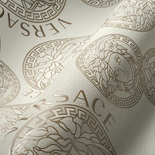VERSACE WALLPAPER Weiß Perlbeige Beige Luxus Tapete Designer Vliestapete Logo Medusa 386103 10,05x0,70m Made in Germany