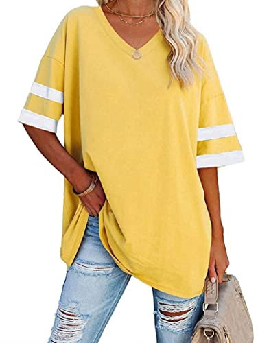 Famulily Ladies Striped Half Sleeve Tunic Tops Women's Loose Casual V Neck T Shirt Yellow M