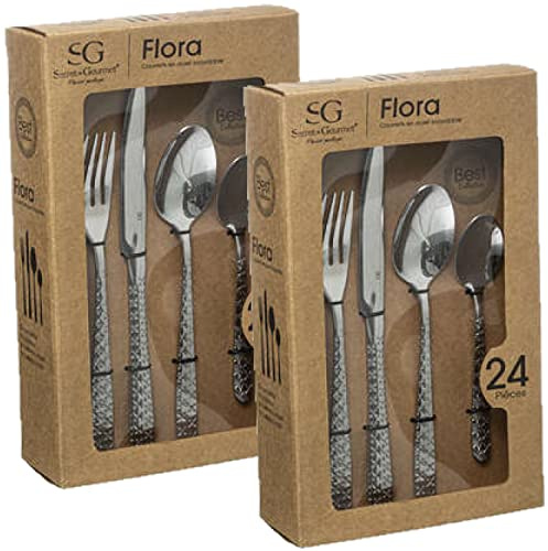 Lot de 2 Ménagères Flora en Acier Inoxydable - 48 Couverts - Argent