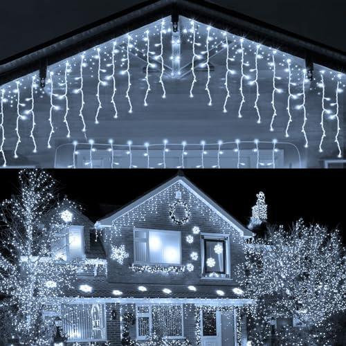 HOSPAOP LED Eisregen Lichterkette Außen Weiß 400 LED 10M Eiszapfen Weihnachtsbeleuchtung Aussen Strom Lichtervorhang mit Timer, 8 Modi, Wasserdicht für Garten, Pavillon, Balkon, Weihnachten Deko