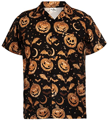 King Kameha Funky Hawaiihemd Herren Kurzarm Fronttasche Hawaii-Print Halloween Kürbis Grusel Funky Pumpkin Prints