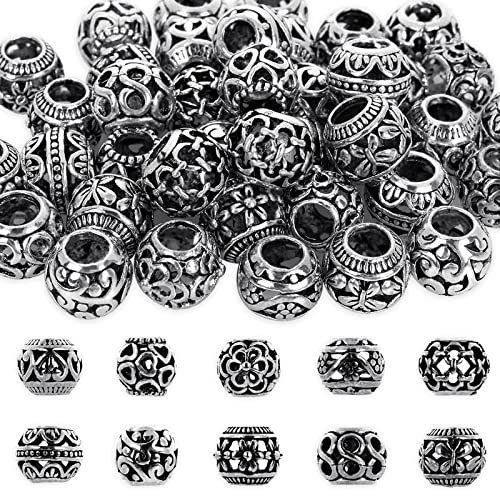 ASTER 60 Stück Metallperlen Zwischenperlen Metall 12mm Runde Antik Silber Spacer Perlen Tibetische Perlenkappen zum Auffädeln, DIY Bastelperlen für Schmuck Armbänder Schmuckherstellung