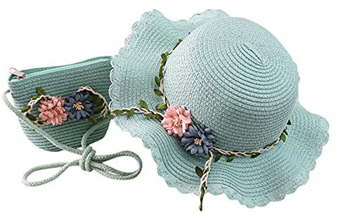 Kinder Kinder Blumenhut Stroh + Sonnenschutztasche Sonnenschutzhut am Strand Strohhut für Kinder Mädchen Schal Türkis