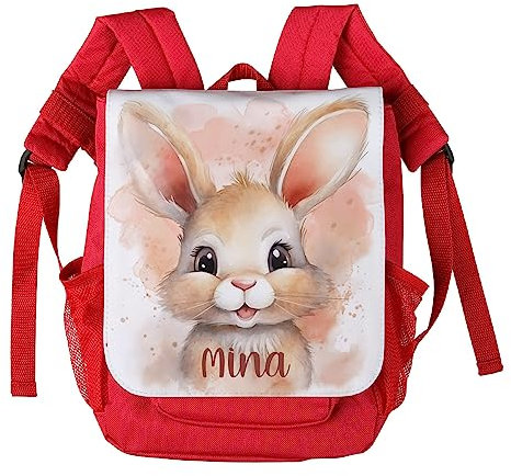 Striefchen® personalisierter Kinderrucksack mit niedlichen Tiermotiven in Aquacolor Optik Hase, Rot