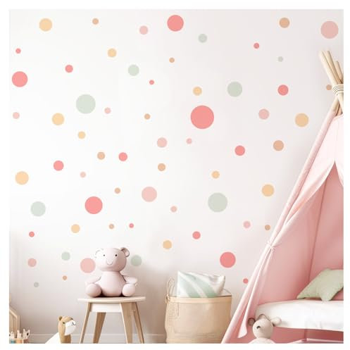 DEKO KINDERZIMMER Wandsticker Kreise für Babyzimmer 120 Stück Kinderzimmer Wandtattoo Dots Klebepunkte in Rosa Gelb Mint Set Wandaufkleber selbstklebend DK1000A-02