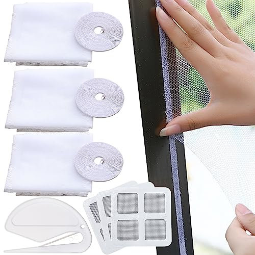 BDSHUNBF 3 Pack Window Screen Mosquito Netting, Fly Screen Window DIY Self Adhesive Insect Mesh, Window Fly Screens to Keep Bugs, Mosquitoes Out, 130 x 150 cm with Repair Subsidy Tapes Cutter(White)