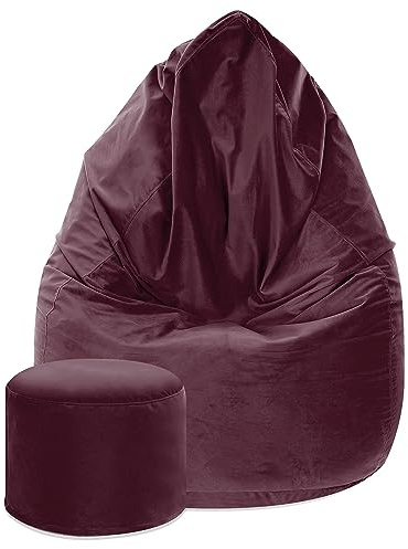 DreamRoots Sitzsack Erwachsene Samt 80x80x120 mit Hocker, BlackBerry Wine