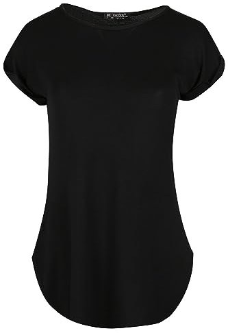 Ladies Curved Hem Jersey Plain Top Womans Round Neck Turn Up Cap Sleeve T Shirt (14, Black)