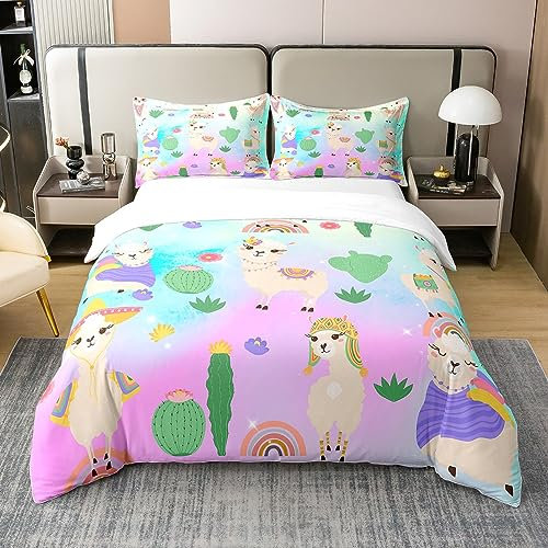 100% Baumwolle Kawaii Alpaka Bettbezug 135x200,Nette Lama Kaktus Bettwäsche Set,Vintage Cartoon Regenbögen Tröster Abdeckung,Aquarell Galaxy Bohemia Thema Bettbezug mit 1 Kissenbezug Weich