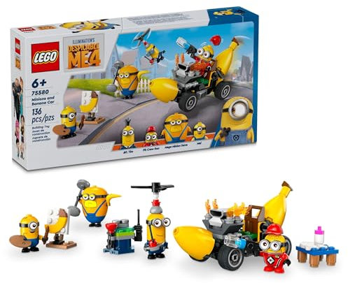 LEGO Ich - Einfach Unverbesserlich 4 Minions und Banane Auto Spielzeug Geschenk für Kinder, Fun Illumination's Ich Einfach Unverbesserlich Spielzeug Spielset, Kreatives BAU-Minions Spielzeug für