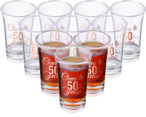 Sliner 48 Pack Birthday Shot Glasses Bulk Unbreakable 1.4 oz Cheers to 40/45/50/55/60 Years Shot Glass Thick Base Mini Clear Plastic Wine Glass Anniversary Favors for Guests Birthday(Rose Gold,50th)