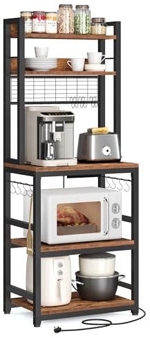 VASAGLE Kitchen Storage Rack with Power Outlet, Coffee Bar, Baker's Rack, with Metal Wire Panel, 14 Hooks, for Microwave, Steel Frame, 40 x 60 x 170 cm, Rustic Brown and Ink Black KKS037B21