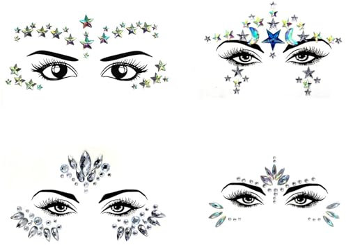 4 Pezzi Brillantini Adesivi di Gemme per Viso, Strass Viso Gemme Adesivi per Musica Festival Festa Vacanze, Viso Glitter Sticker Tatuaggio Temporaneo per Compleanno Carnevale