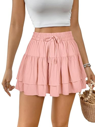 REORIA Damen Mini Cupcake Rock mit Rüschen Faltenröcke Ausgestellte Röcke Sport Tennis A-Linie Schule Tanz Skort Raffender Partyrock Rosa L