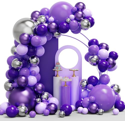 Kit per arco di palloncini viola, 134 palloncini viola e argento con palloncini viola scuro di diverse dimensioni viola metallizzato viola per feste a tema viola, compleanni, matrimoni, decorazioni
