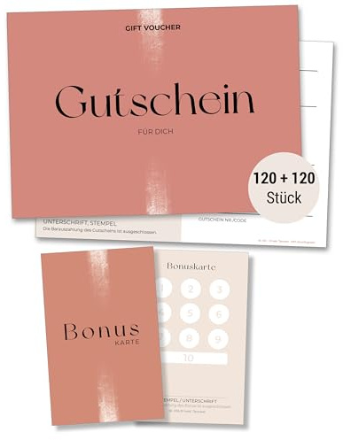 Frank Paperman® 120 + 120 Set, Gutscheine zum Selbst Ausfüllen und Bonuskarten Treuekarten Stempelkarten für Kunden Salon Beauty Kosmetik Nagelstudio Friseur Kundenkarten Rosa Design