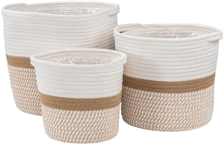 levandeo 3er Set Aufbewahrungskorb Rund Natur Weiß Pflanzkorb Geflochten Boho Deko Blumenkorb Blumendeko Blumentopf Tischdeko Baddeko