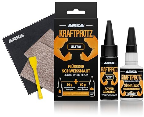Colla saldante 2K per riparazioni – KRAFTPROTZ 110 g – supercolla + granulato – impermeabile, resistente al calore & verniciabile – per plastica, metallo, vetro, legno, gomma, pietra