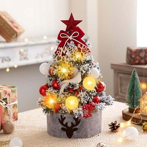QKTYB Albero Di Natale Piccolo Da Tavolo 45cm, Mini Albero Di Natale Con Luci, Alimentato A Batteria Alberelli Di Natale Piccoli Per Scrivania, Camera Da Letto, Ufficio, Cucina, Decorazione (Bianco)