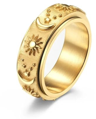 Hasdnker Ring Ringe Damen Bijouterie Herren Drehbarer Anti-Stress-Spinner-Ring, Gothic-Stern, Mond, Sonne, Böhmische Ringe Für Männer, Ring 6, Gold