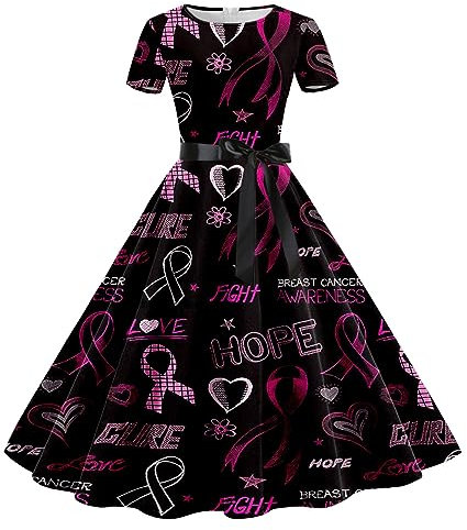 NaLatia Cancer du Sein Octobre Rose Robe Vintage Femme Retro Rockabilly Pin Up Élégante Robes sans Manche Trapèze Mariage Cocktail Soirée Fête Cérémonie Décontractée au Genou Midi Pas Cher
