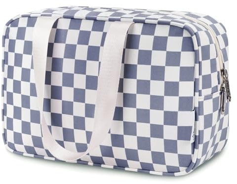 Narwey Trousse de Toilette Voyage Grande Trousse Maquillage Organisateur Accessoires Sac de Toilette Trousse Toilette Hommes Femmes (Motif Damier Gris Bleu)