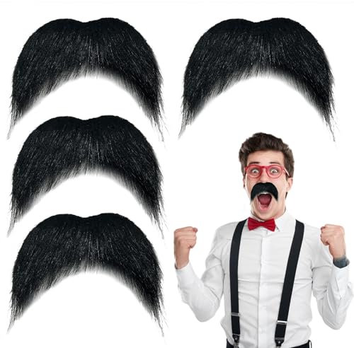 TUONYIS 4 Stück Selbstklebend Bärt, Selbstklebender Schnurrbart, Falsche Schnurrbartbärte, Neuartiger Realistischer Schnurrbart, Schnauzer Fake Klebebart für Halloween Maskerade, Cosplay (Schwarz)