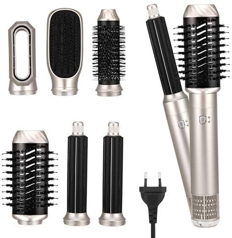 Cepillo Secador de Pelo 6 en 1, 1000 W Air Styler Set con 6 Accesorios para Secar, Alisar y Peinar, Iones Negativos, Cepillo de Aire Caliente, Peine Alisador, Moldeador Pelo para Todo Tipo de Cabello