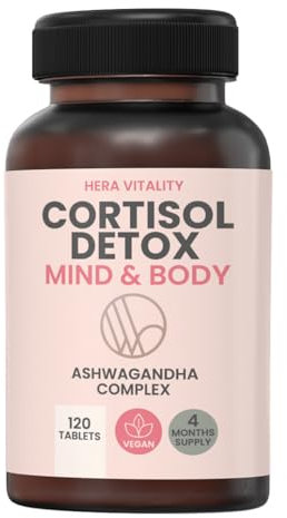 Cortisol Detox, Mind and Body Cortisol Reducing Supplement 1000mg Ashwagandha,120 Tablets to Lower Stress & Anxiety, Balance Adrenal Hormones, Reduce Fatigue, Increase Focus and Energy. HERA Vitality