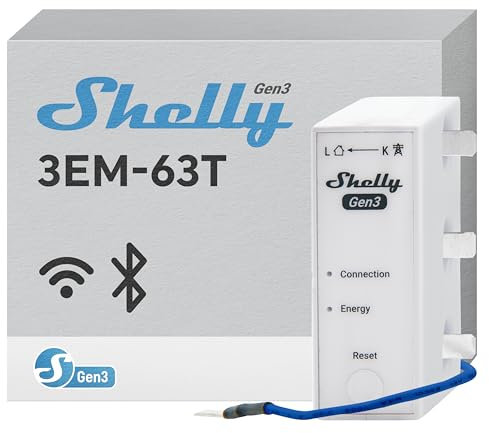 Shelly 3EM-63T Gen3, Contascatti Elettrico Misuratore di Energia Wi-Fi per Impianti Trifase o Monofase, Terminali Piatti, Misurazione in 4 Quadranti, Nessuna Soglia di Carico, Pronto per Fotovoltaico