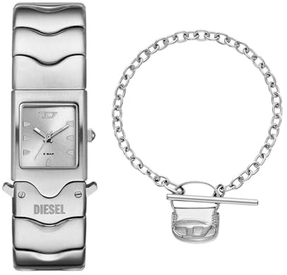 Diesel Herren-Edelstahl-Quarz-Dreizeigeruhr und Schmuck-Set