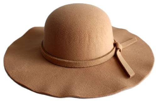 YILEEGOO Damen Wollfilz Schlapphut Fedora breite Krempe Cloche Bowler Hut Boho Hut Bowler mit Band, camel, Einheitsgröße