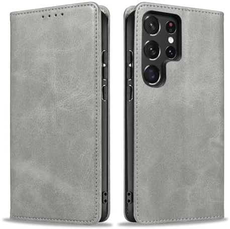 LBH Handyhülle Smartphone-Hülle für Samsung Galaxy S23 Ultra Klapphülle Magnetverschluss Kartenfächer Geldfach Standfunktion Case Etui Rundumschutz Schutzhülle Grau