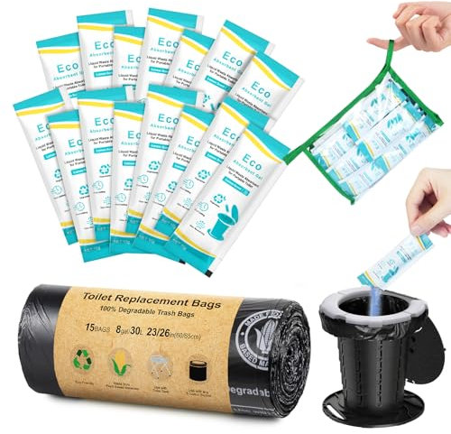 BLIKA 15 Count Camping Toilet Bags Eco Absorbent Gel Set, Portable Toilet Bags with Gel, 8 Gallon, 30 Liter, Heavy Duty 1 Mil, Toilet Replacement Bags with Toilet Powder for Camping Outdoor Hiking