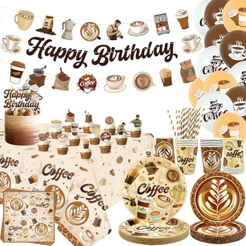 Coffee Party Decoration, Coffee Birthday Decorations, Plates Cups Napkins Tablecloth Happy Birthday Banner Balloon Cake Toppers for Coffee Party Supplies, Serves 20