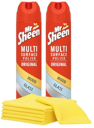 Mr Sheen Multi Surface Polish Bundle – 2 x 250ml Original Spray + 4 x Premium Microfibre Cloths – Dust Magnet Furniture Cleaner for Wood, Glass, Metal & Plastic – Complete Home Cleaning Kit