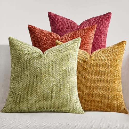 Topfinel Kissenbezug 45x45 Gelb Orange 4er Set Chenille Kissenbezüge Kissenhülle Sofakissen Dekokissen Zierkissenhülle Dekokissenbezug Rattan Webstil Design für Sofa Wohnzimmer Schlafzimmer Balkon