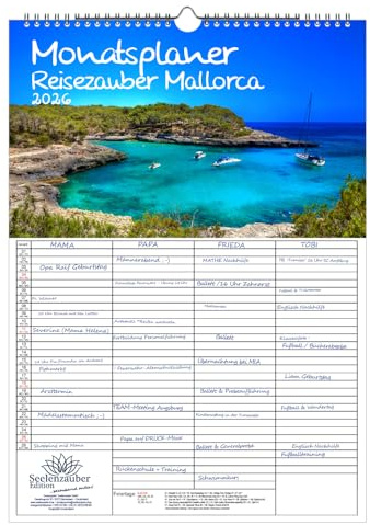Reisezauber Mallorca Planer Familienplaner 4 Spaltenplaner DIN A3 Kalender für 2026 Urlaub Mediterran- Set: 1x Kalender 1x Weihnachts- 1x Grußanhänger (3 Teile)