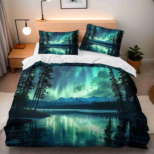 Generisch Nordlichter Bettwäsche 135X200 cm Kinder Junge Mädchen 3D Effekt Bettbezug Jugendliche Bettwäsche-Set Mikrofaser Bettbezug Mit Reißverschluss Und 2 Kissenbezug 80X80Cm