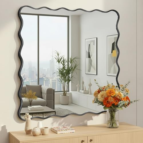 Fahomiss Wavy Rechteckiger/Quadratischer Wandspiegel mit gebürstetem Aluminiumrahmen & gehärtetem Sicherheitsglas für Badezimmer, Flur & Wohnzimmer