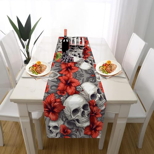 Schädel Hibiskus Schlange Tischdeko Einschulung Mädchen Junge Deko, Gotisch Totenkopf Tischläufer Waschbar für Einschulung Deko Couchtisch Küche Esstisch Dekoration für Zuhause 35 x 180 cm