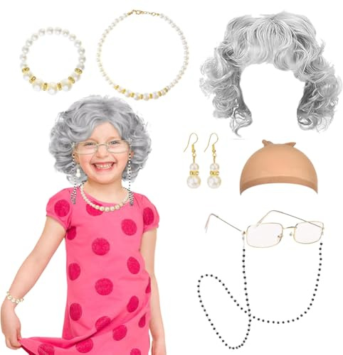 Alte Dame Perücke Kostüm Set für Frauen, 6 Stück Old Lady Kostüm Zubehör Mädchen, Kurz gelockt Alte Frauen Oma Silber Grau für Karneval Kostüme Themenpartys Cosplay, Silbergrau