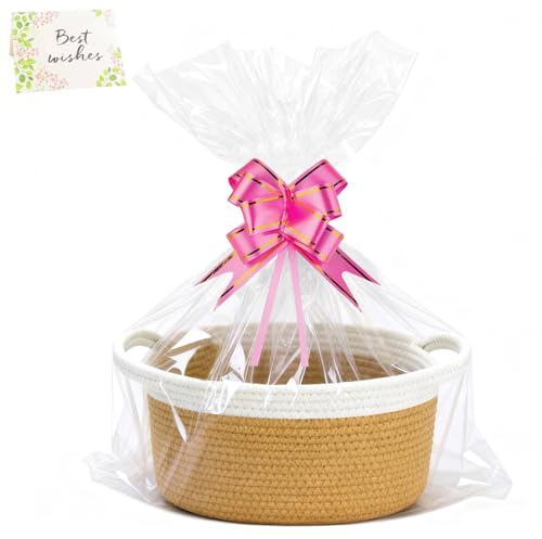 PIWOSGOL Geschenkkorb Leer, Präsentkorb Leer Mit Geschenktüten, Bändern Und Grußkarten, Geflochten Korb für Geschenke für Weihnachten, Geburtstag, Hochzeit, Babyshower & Diy Geschenkideen(Khaki)