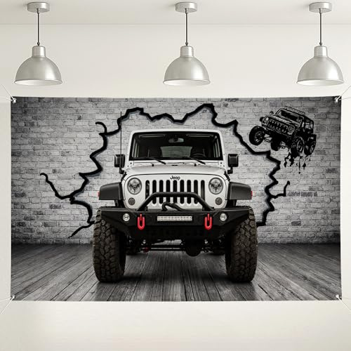 Auto-Off-Road-Wandhintergrund, urbaner Graffitis-Stil, Fotografie-Hintergrund, schwarz-weiß, Vintage-Auto-Dekoration für Partys und Veranstaltungen, 180 x 109 cm