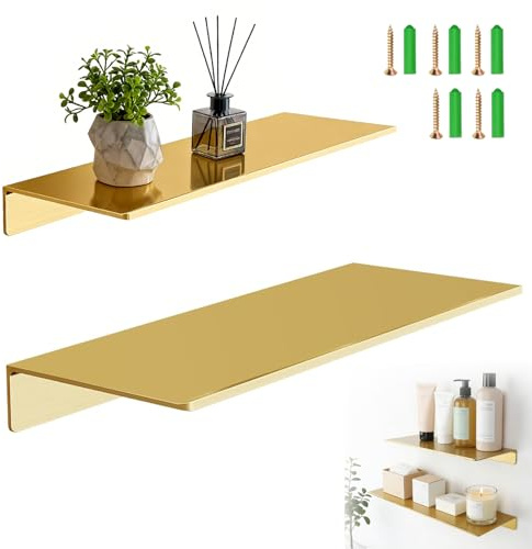 Ysislybin Mensole da Muro in Oro Spazzolato, Mensola da Muro Portaoggetti Set di 2 Mensole Portaoggetti Bagno 40 CM e 30 CM Scaffale Sospeso da Parete Libreria Piccola per Soggiorno Cameretta Porta